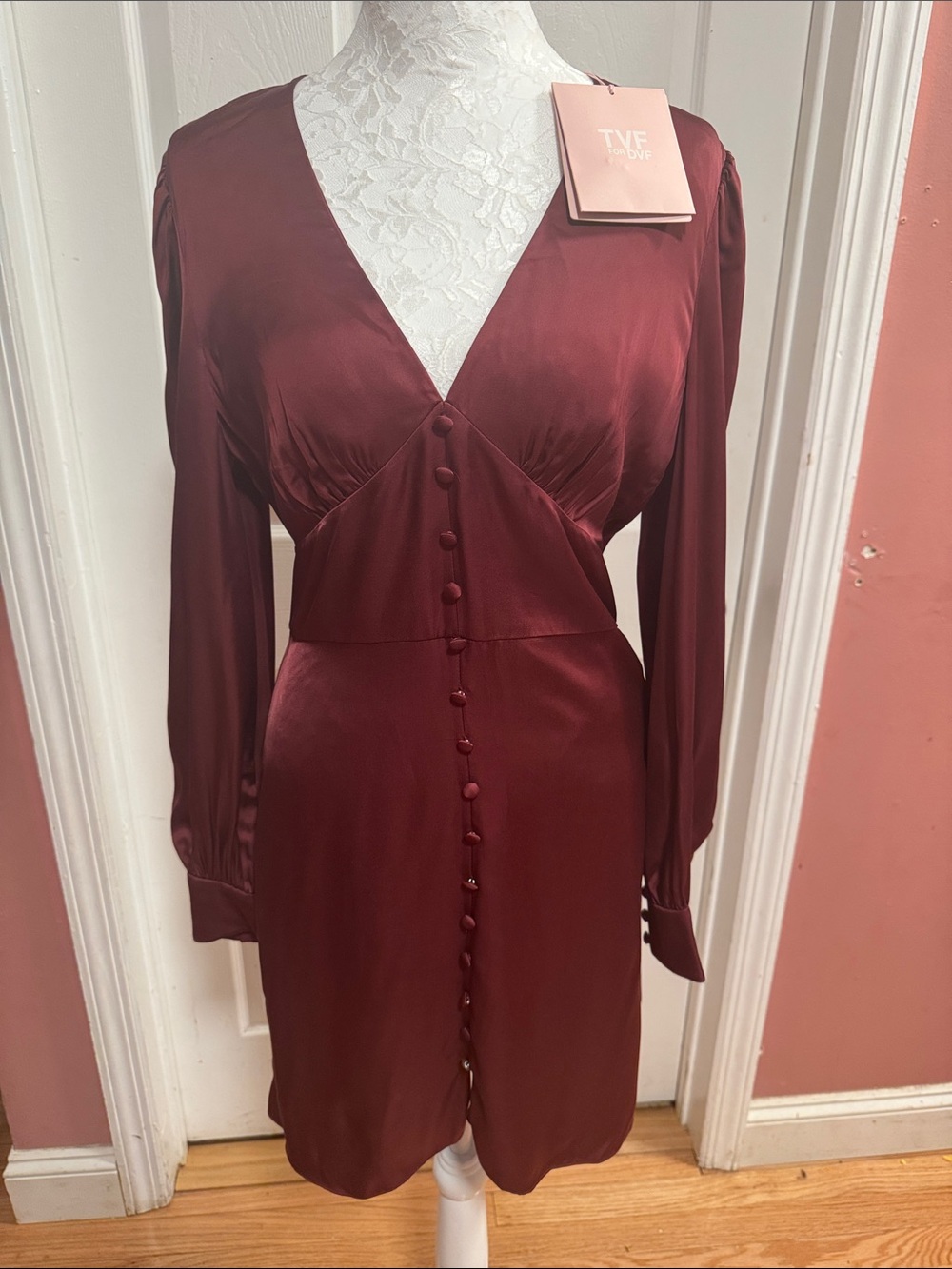 Diane Von Furstenberg Wine Satin Long-Sleeve V-Neck Button Dress